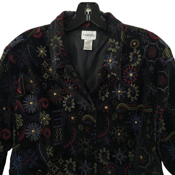 Chicos Black Velvet Embroidered Jacket Blazer 1 US M Boho Artsy Career Studded - Picture 9 of 16